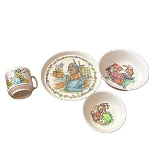 4 pc Vintage PETER RABBIT Oneida Ware Child's CUP PLATE BOWLS Set Lot
